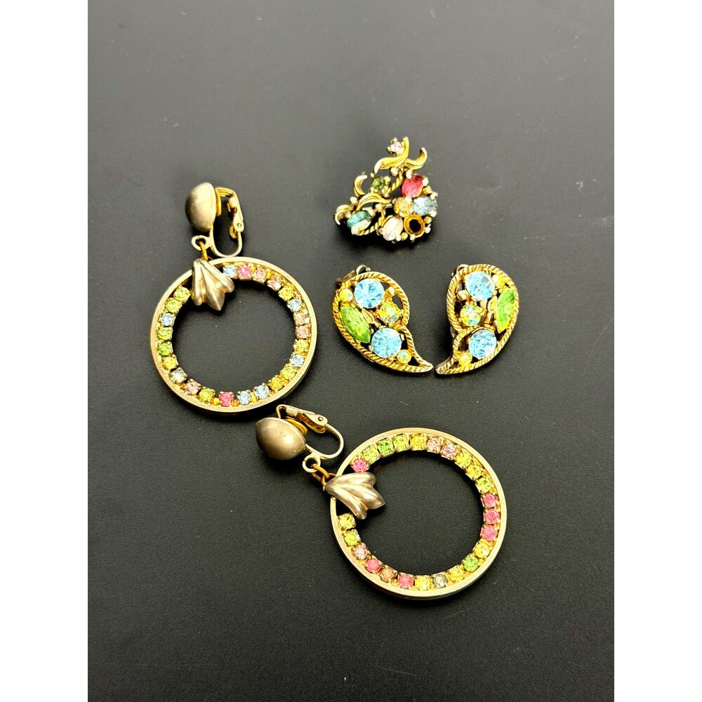 Vintage Mixed lot Multicolor Rhinestone Jewelry Earrings Brooch 5pc